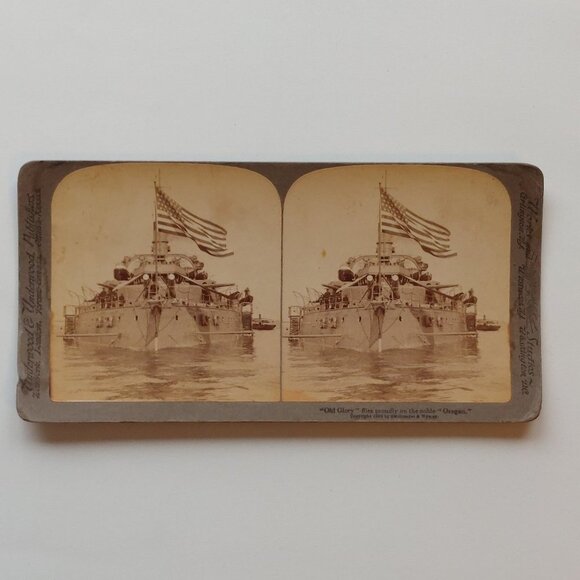 ANTIQUE Stereograph Card "Old Glory" "Oregon" 1899 Underwoodand Underwood - Picture 1 of 5